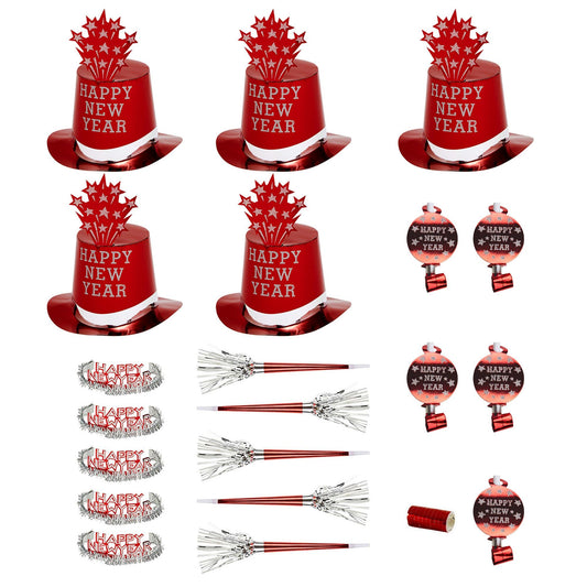 "RED HAPPY NEW YEAR PARTY KIT" for10 persons (5 top hats, 5 crowns, 5 sounding trumpets, 5 sounding blow-outs, 1 roll of 10 decorative streamers) -