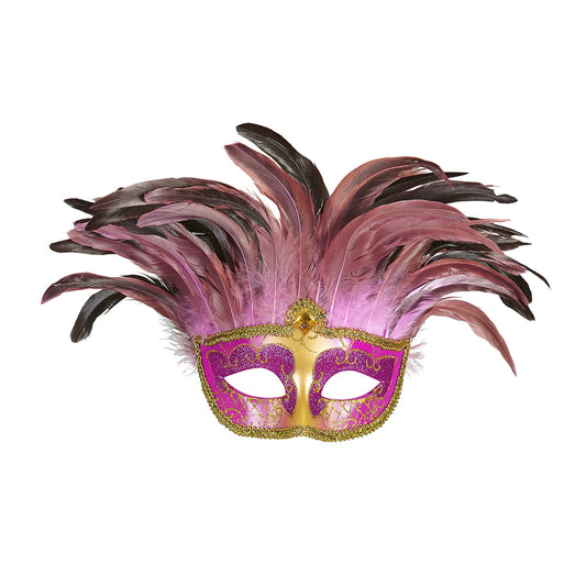 "PINK COMTESSE MASK DECORATED WITHGLITTER, GEM & FEATHERS" -