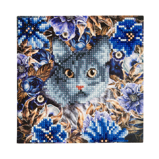 Cat & Flowers, 18x18cm Crystal Art Card