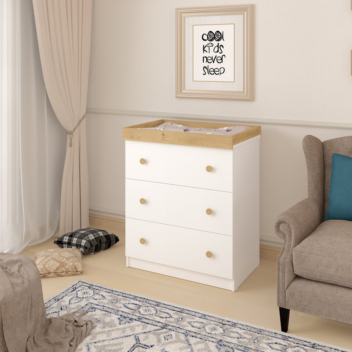 Shefa 888 Kids Changing Dresser White-Oak Top (2 Boxes)