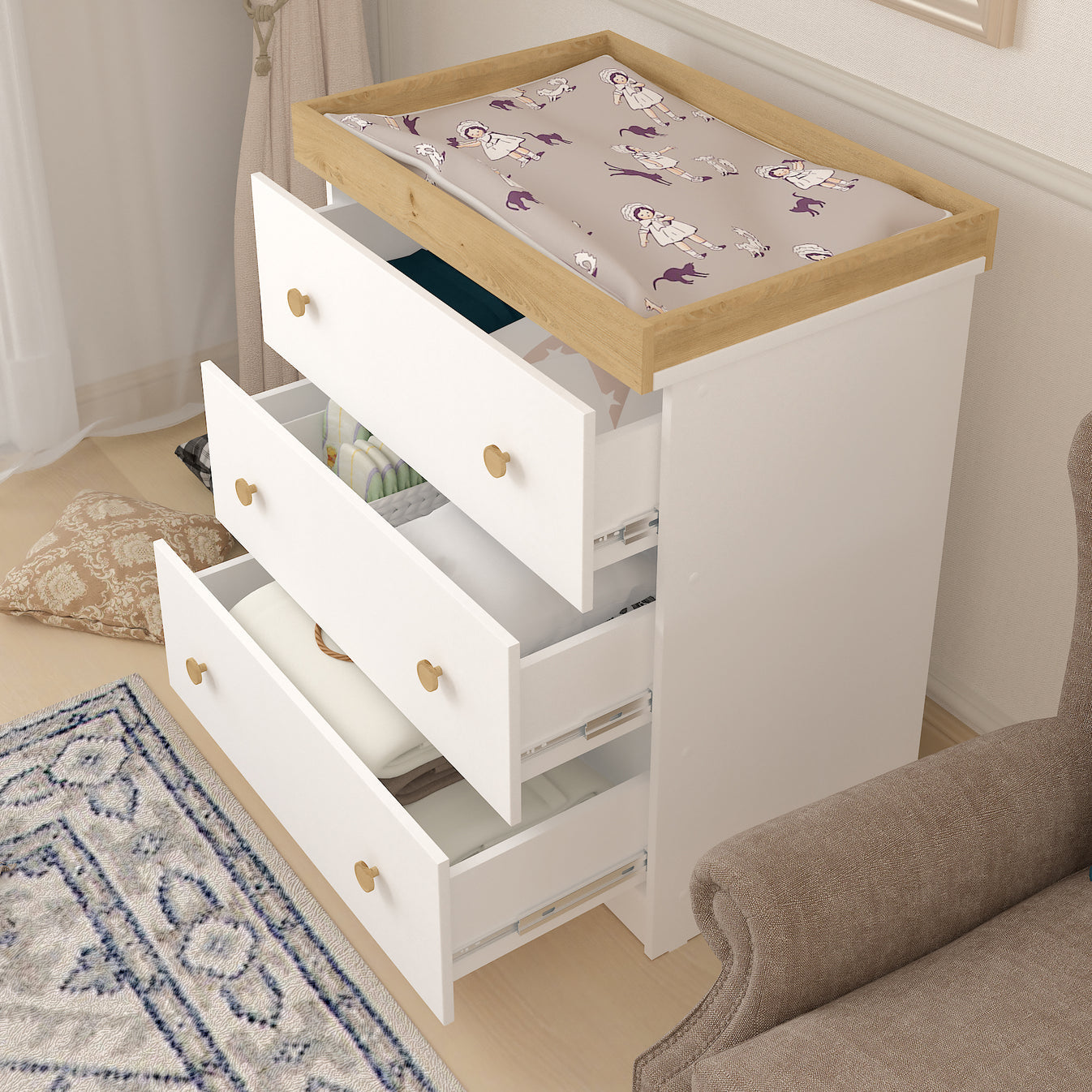Shefa 888 Kids Changing Dresser White-Oak Top (2 Boxes)