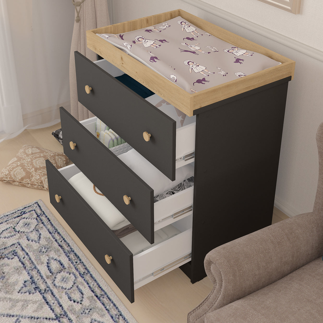 Shefa 888 Kids Changing Dresser Graphite Cremona Oak (2 Boxes)