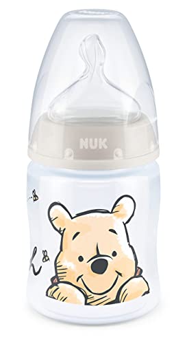 NUK Disney First Choice+ Baby Bottle | 0-6 Months | Temperature Control | Anti-colic Vent | 150 ml | BPA-Free | Silicone Teat | Winnie-the-Pooh | 1 Count