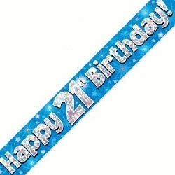 9ft Blue & Silver Stars Holographic Happy 21st Birthday Banner (2.7m length)