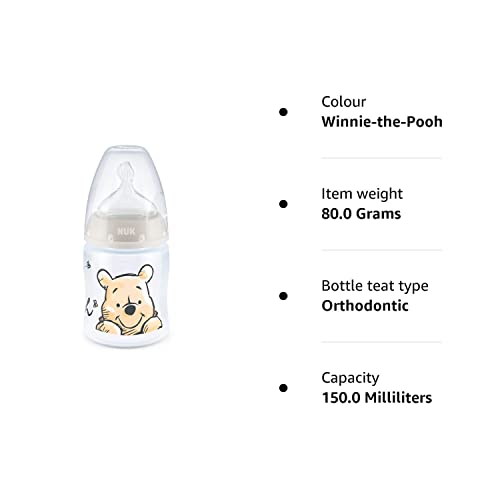 NUK Disney First Choice+ Baby Bottle | 0-6 Months | Temperature Control | Anti-colic Vent | 150 ml | BPA-Free | Silicone Teat | Winnie-the-Pooh | 1 Count