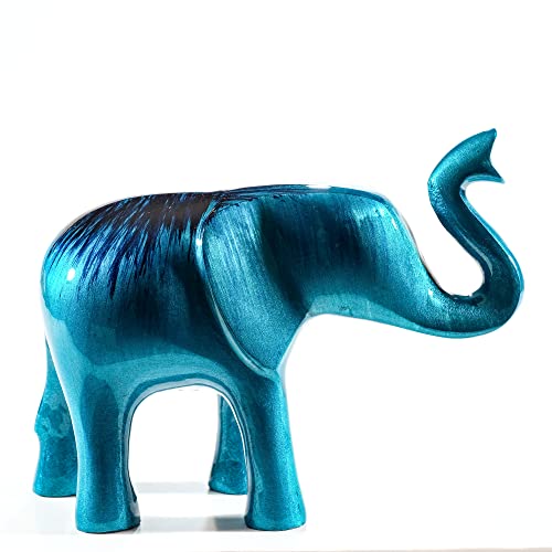 TilnarArt Eco-Friendly Recycled Aluminium Elephant Trunk Up (Handmade & Fairtrade) Polished Statue Ornament Home Decoration 16cm (Aqua), L (030)