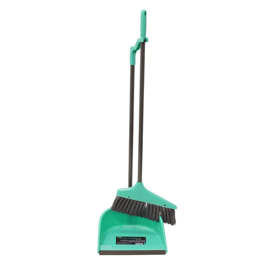 JVL Long Handle Dustpan and Bristle Brush Set, Turquoise/Grey