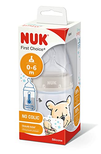 NUK Disney First Choice+ Baby Bottle | 0-6 Months | Temperature Control | Anti-colic Vent | 150 ml | BPA-Free | Silicone Teat | Winnie-the-Pooh | 1 Count