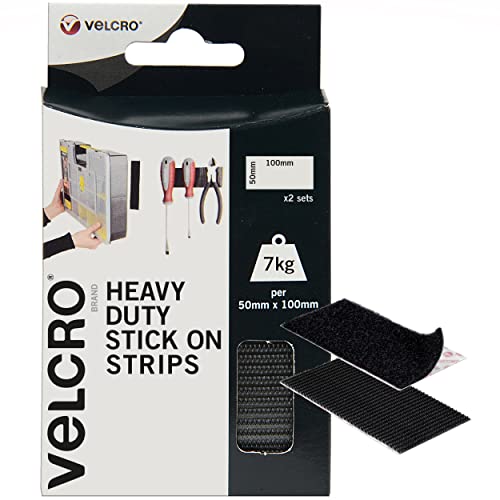 VELCRO Brand 2pk Heavy Duty White Stick On Strips 50mm x 100mm, Hook and Loop Tape Self Adhesive Strips, Industrial Extra Strong Double Sided Sticky Pads Heavy Duty Perfect for Home, Office & Garage