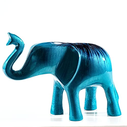 TilnarArt Eco-Friendly Recycled Aluminium Elephant Trunk Up (Handmade & Fairtrade) Polished Statue Ornament Home Decoration 16cm (Aqua), L (030)
