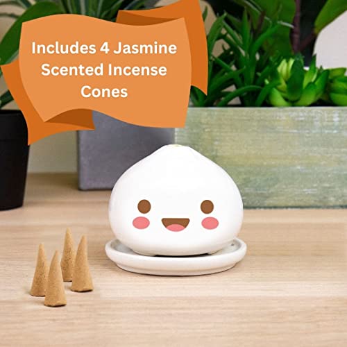 Gift Republic Dumpling Incense Burner. 4 x Jasmine Scented Incense Cones + 1 Dumpling Incense Burner + 1 Plate, White