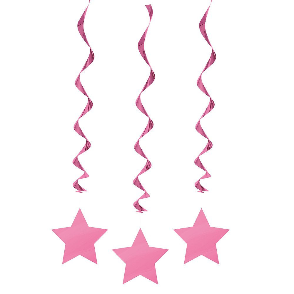 Unique Hot Pink Star Hanging Swirl Decoration-26 | Disposable 3 Pcs, 26"