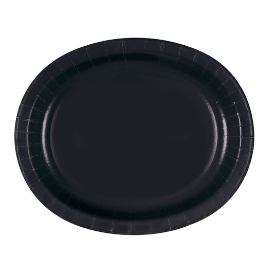 Unique Party Solid Oval Plates | Midnight Black Color Theme Tableware | 8ct, 8 Count