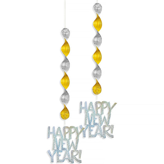 Unique Party - 75cm Hanging Prism Gold and Silver Happy New Year Decorations, Pack of 2