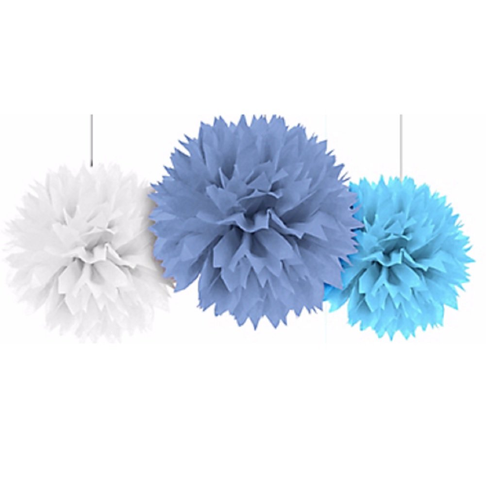 Multi Colour Blue Fluffy Tissue Decorations 40.6cm /3