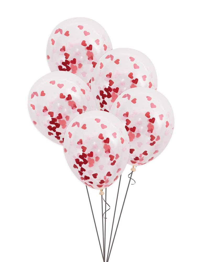 Unique Shaped 16" Clear Latex Balloons | Cute Pink and Red Heart Confetti | 5ct