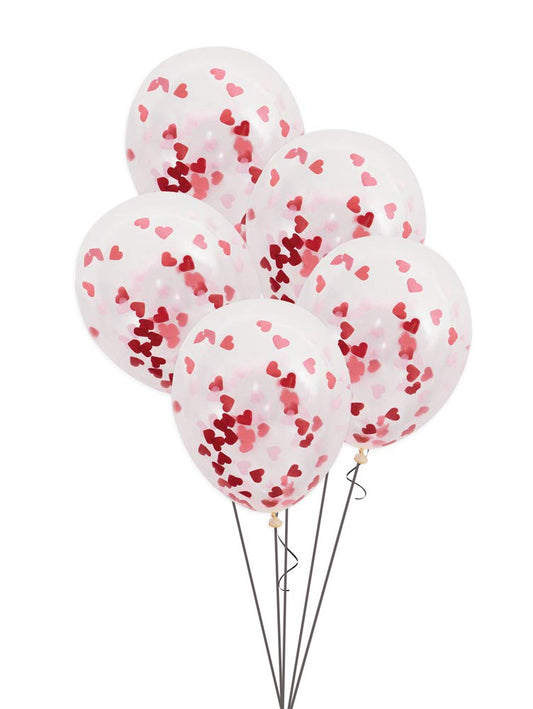 Unique Shaped 16" Clear Latex Balloons | Cute Pink and Red Heart Confetti | 5ct