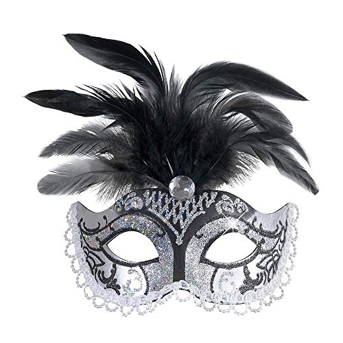 Widmann Silver Black Glitter Eyemask withGem & Feathers Vanity Star Mask