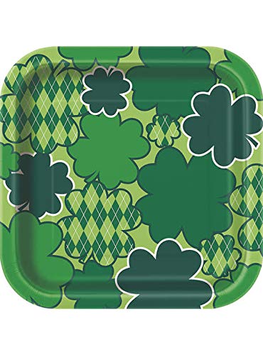 Unique Party - 18cm Square Argyle Clover St. Patrick's Day Paper Plates, Pack of 10