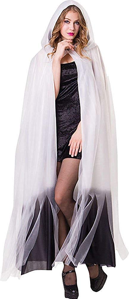 Ladies Vampire Fancy Dress Hooded Cape White With Black Obmbre Finish Costume