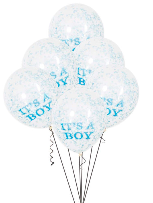 Unique 12" Baby Shower It's A Boy Confetti Latex Balloons Blue | 6 Pcs, Clear