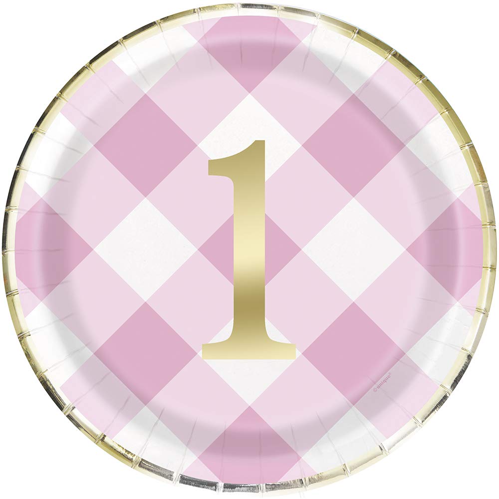 Unique Pink 1st Birthday Gingham Round Dinner Plates | 9" 8 Pcs