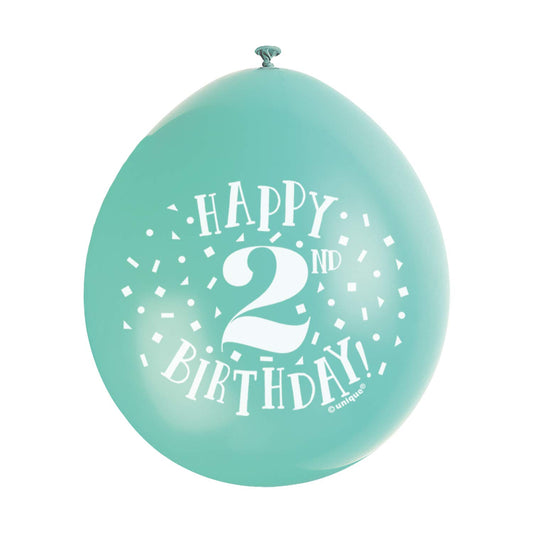 Unique Party - 9" Latex Assorted Happy 2nd Birthday Balloons, Pack of 10