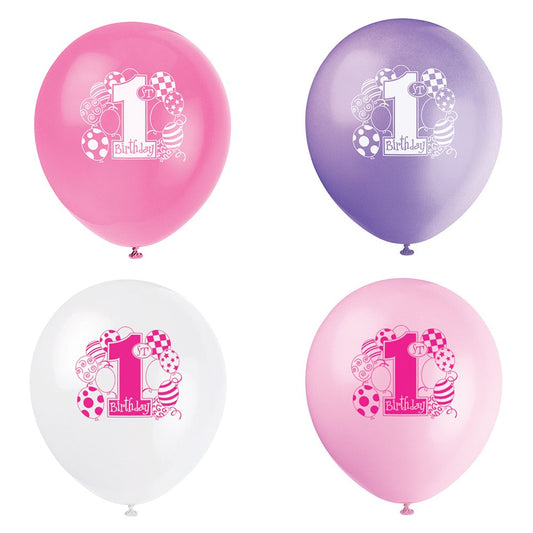 Unique Party - 12" Latex Pink Balloons 1st Birthday Balloons, Pack of 8