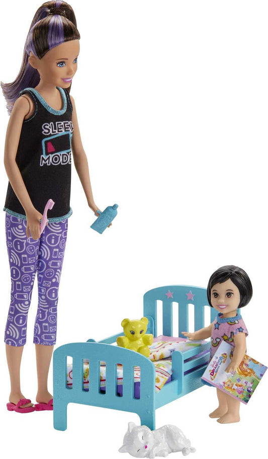 Barbie Skipper Babysitters Inc. Bedtime Playset, Toddler Doll with Glow-in-the-Dark Pajamas, Bed, Sleeping Kitty, Teddy Bear, Blanket and Storybook for Kids 3 to 7 Years Old