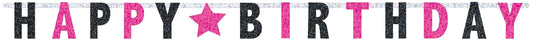 Black and Pink Happy Birthday Prismatic Letter Banner 2.4m x 16cm