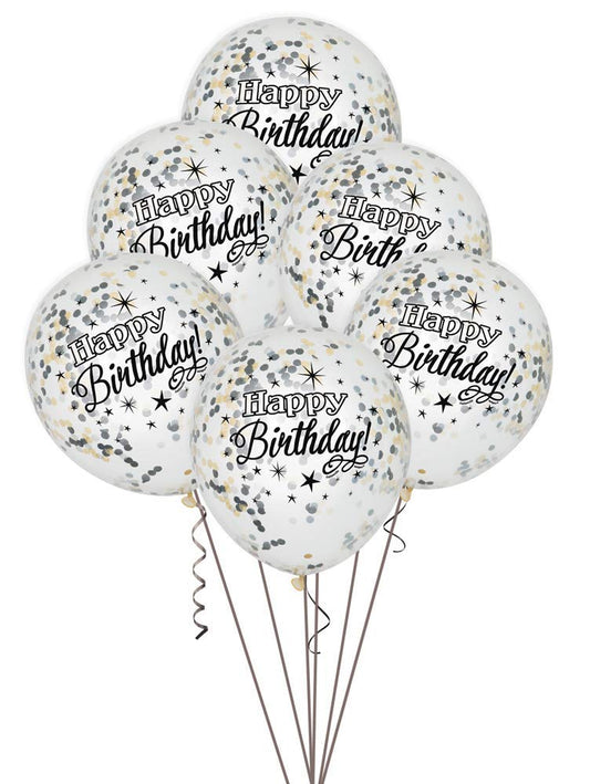 Unique Party - Foil Silver Glittering Birthday Confetti Balloons, Pack of 6