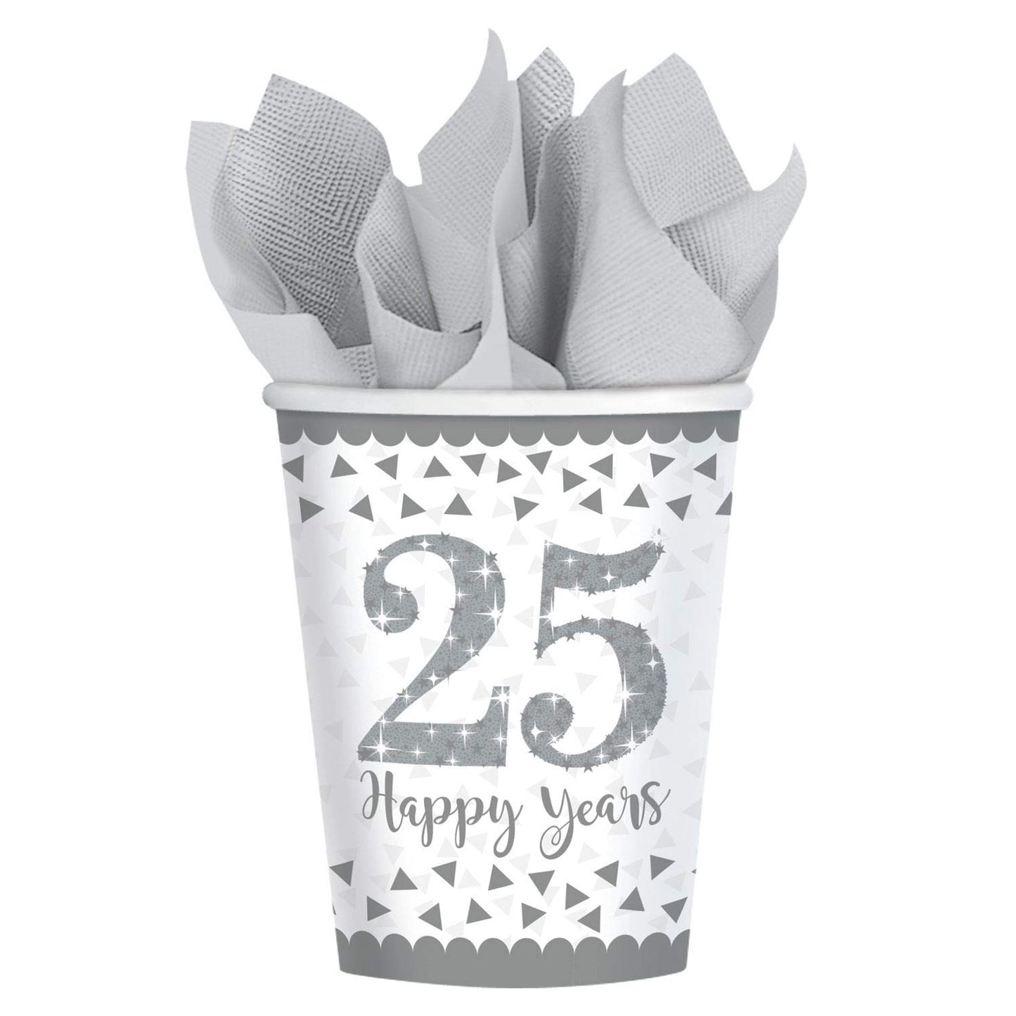 Adult 8 Pack 25th Sparkling Silver Anniversary Paper Cups 266ml