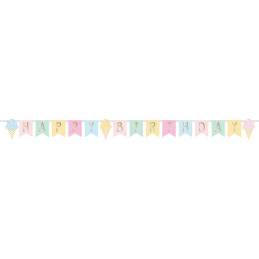 Creative Party Ice Cream Theme Happy Birthday Pastel Ribbon Banner