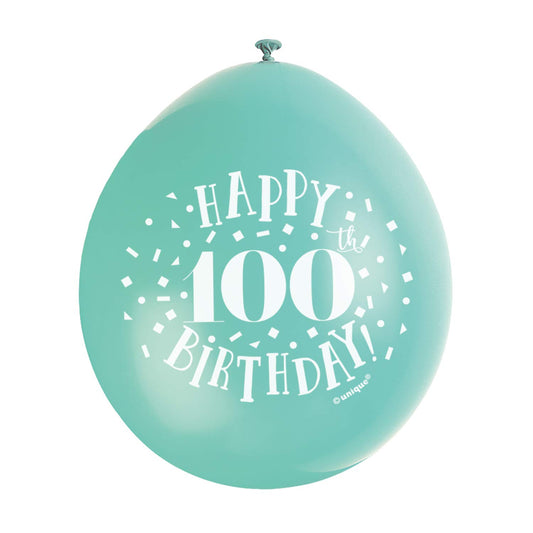 Unique Party - 9" Latex Assorted Happy 100th Birthday Balloons, Pack of 10