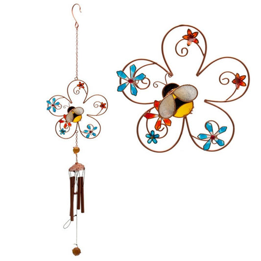 Bee and Flower Colourful Design Wind Chime - Glass, Metal, Resin Home and Garden Ornament (Design A)