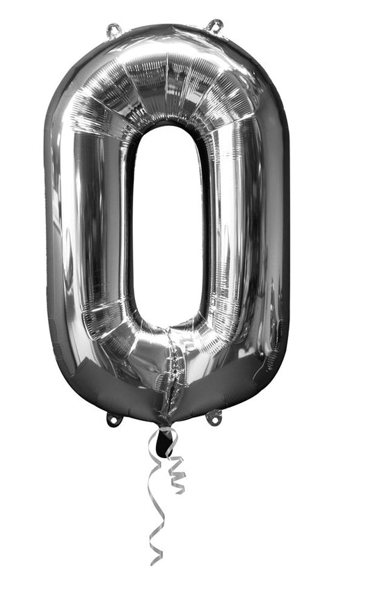 Number 0 Silver SuperShape Foil Balloons 22"/55cm w x 35"/88cm h