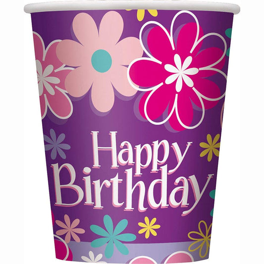 Unique 40276 Happy Birthday Floral Paper Cups | 8 Pcs, Multicolor, 9 oz