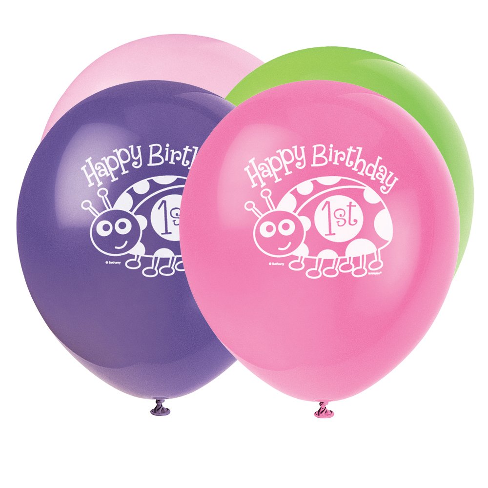 Unique Party - 12" Latex Pink Ladybird 1st Birthday Balloons, Pack of 8