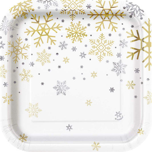 Unique Party - 18cm Square Foil Silver and Gold Snowflakes Christmas Paper Plates, Pack of 8