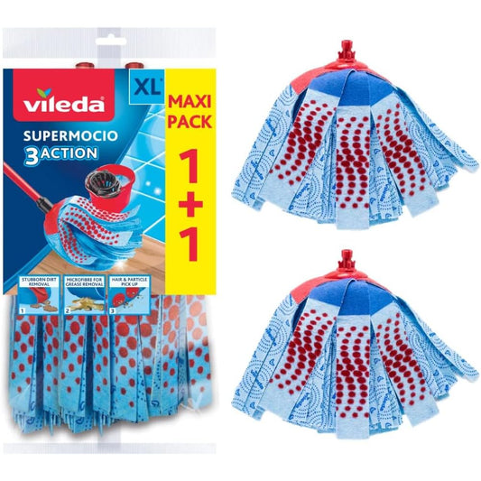 Vileda SuperMocio 3Action XL Mop Refill, Pack of 2 SuperMocio 3 Action Mop Head Replacements, Fits all SuperMocio Mops, Authentic Vileda Mop Head