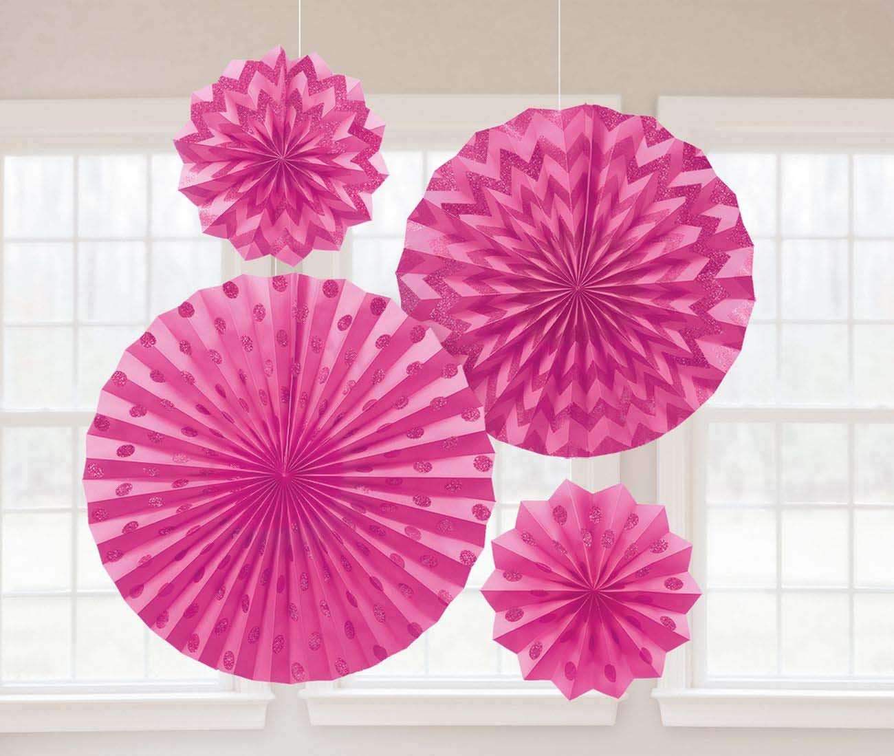 Bright Pink Glitter Paper Fans /4