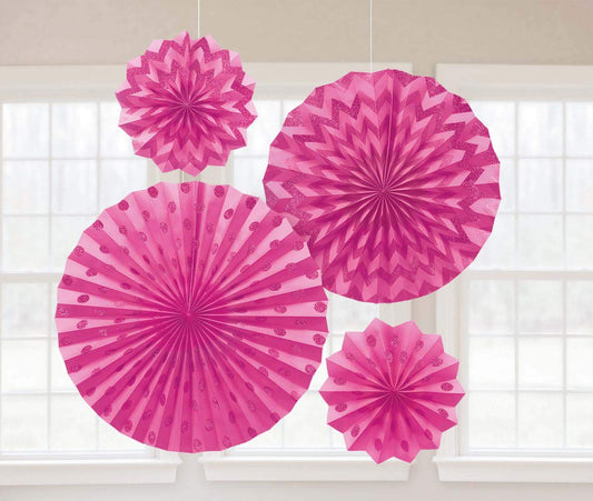 Bright Pink Glitter Paper Fans /4