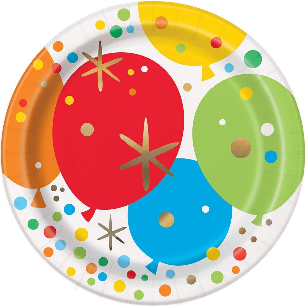 Unique Rainbow Balloon Round Dessert 7" Plates | Birthday Foil Board | Glitzy Gold Theme, Multicolor