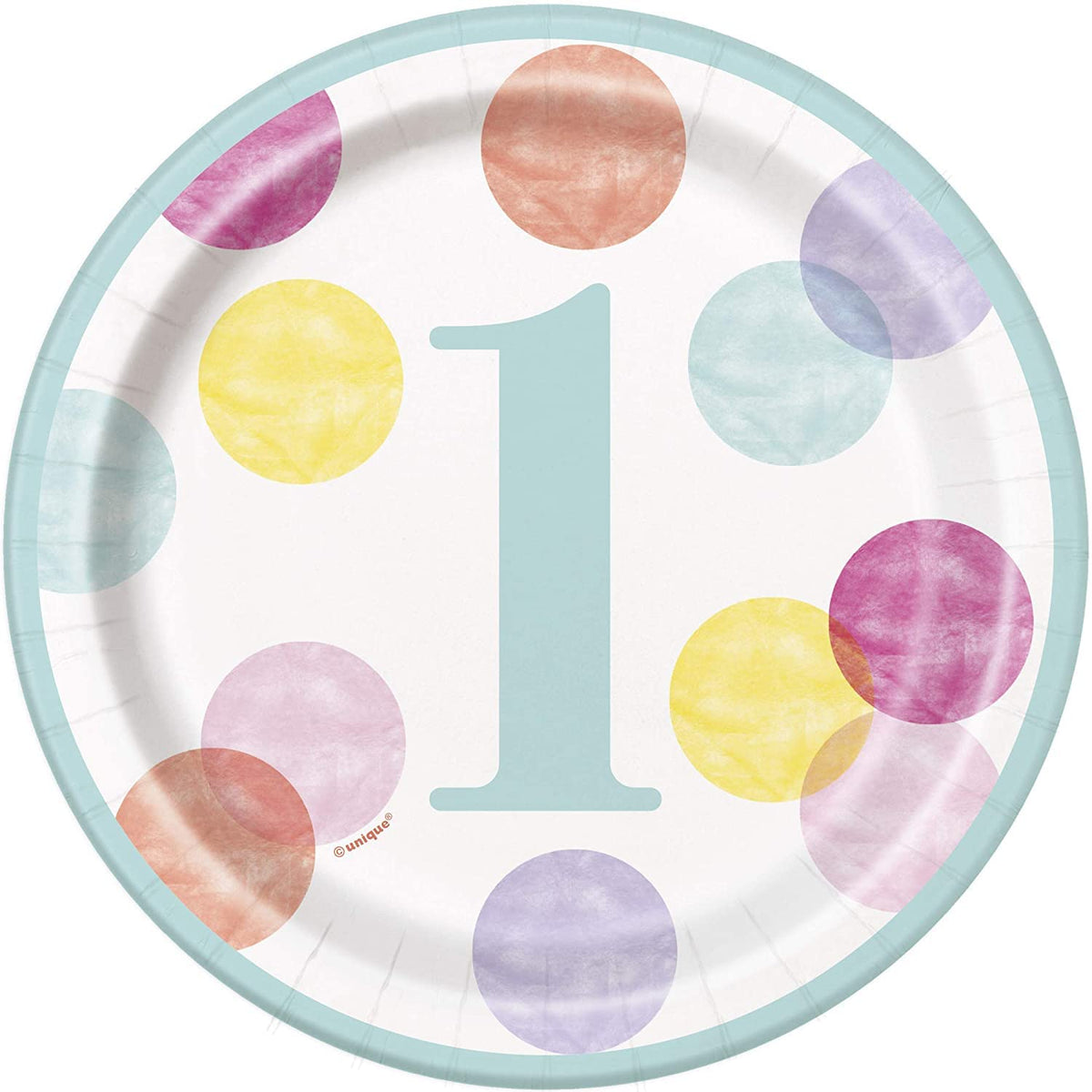 Unique Party 73284-18cm Pink Dots 1st Birthday Paper Plates, Pack of 8