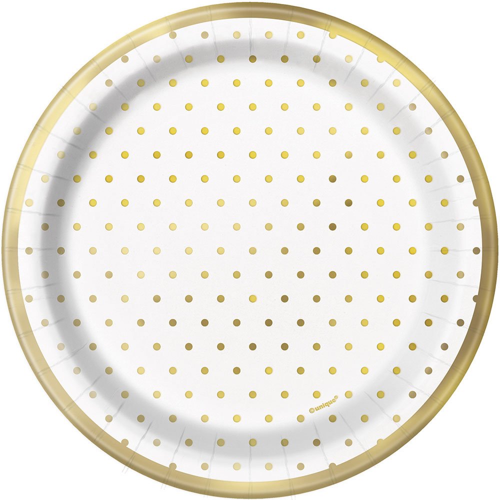Unique Party 7" Round Dessert Plates | Elegant Gold Dots Design | Party Foil Board