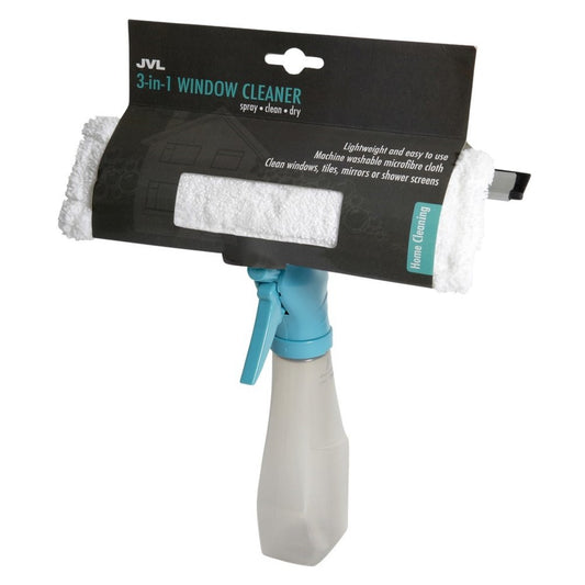 JVL Car Care Cleaning Range 3 in 1 Microfibre Window Cleaner with Spray Bottle, Teal/Grey