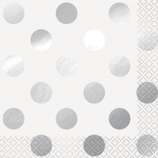 Unique Party - Foil Silver Polka Dot Cocktail Napkins, Pack of 16