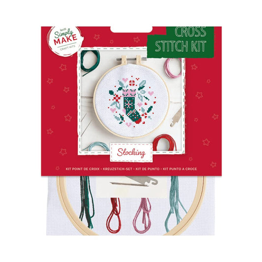 Simply Make Cross Stitch Kit - Stocking Design for Kids and Adults, Including Hoop, Embroidery Thread, Fabric and Needle - Perfect for Adult Crafts and Beginners - Starter Cross Stitch Craft Kit