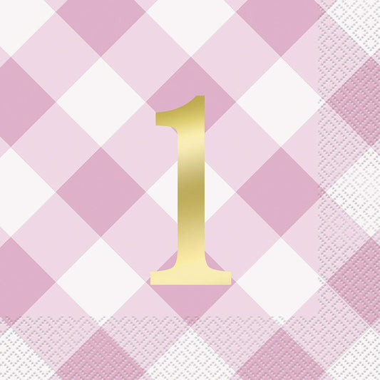 Unique Pink 1st Birthday Gingham Luncheon Napkins 16 Pcs