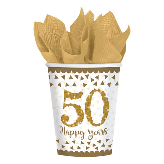 Adult 8 Pack Sparkling Golden 50th Anniversary Paper Cups 266ml